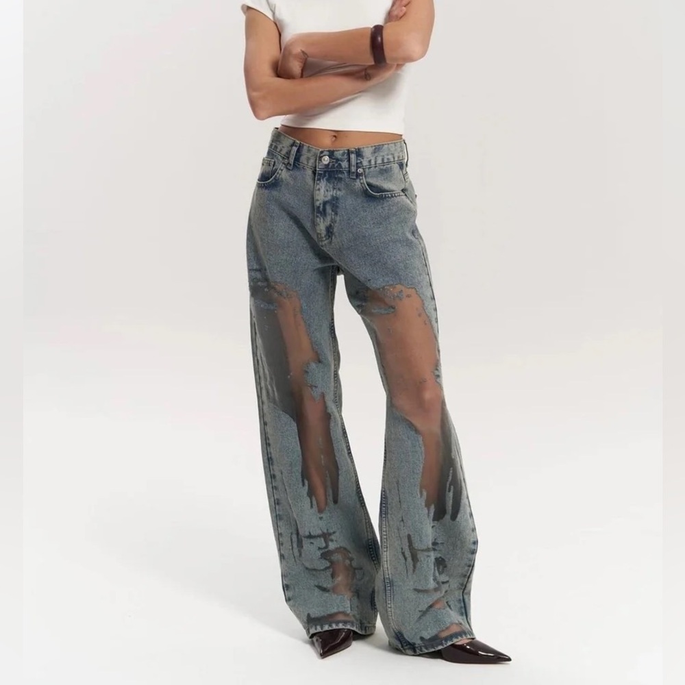 Distressed Blue Wide Leg Flare Jeans